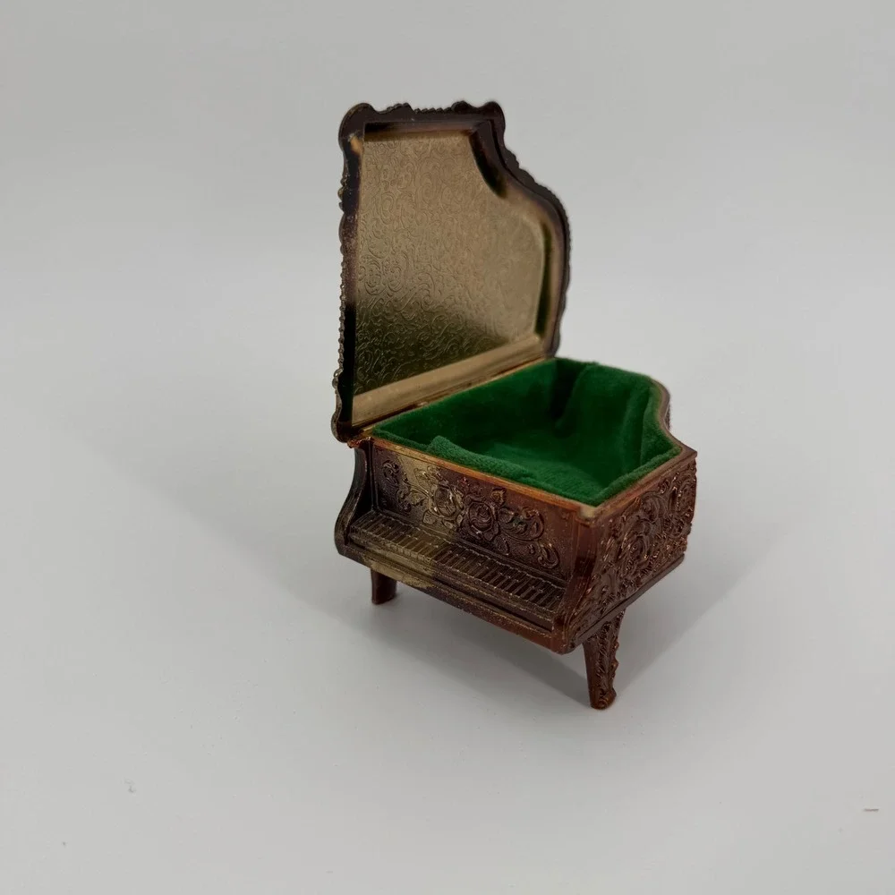 Vintage Mele Piano Jewelry Box Green Lucite Lid Ornate Rose Metal Trinket Japan